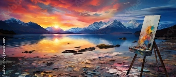 Fototapeta Canvas on the edge of an icy lake, paint splattered around it with a sunset in the background.