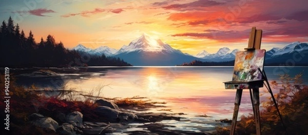 Fototapeta Canvas on the edge of an icy lake, paint splattered around it with a sunset in the background.