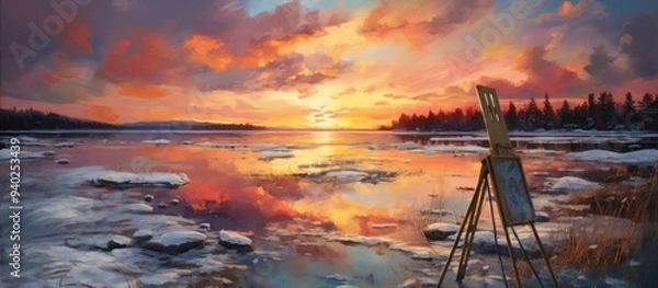 Fototapeta Canvas on the edge of an icy lake, paint splattered around it with a sunset in the background.