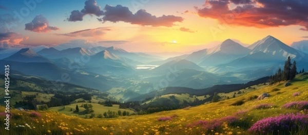 Fototapeta Beautiful summer landscape with wooden cabin with mountain background, high definition photography.