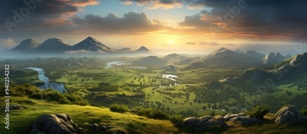 Fototapeta Beautiful summer landscape with wooden cabin with mountain background, high definition photography.