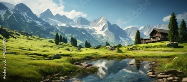 Fototapeta Beautiful summer landscape with wooden cabin with mountain background, high definition photography.
