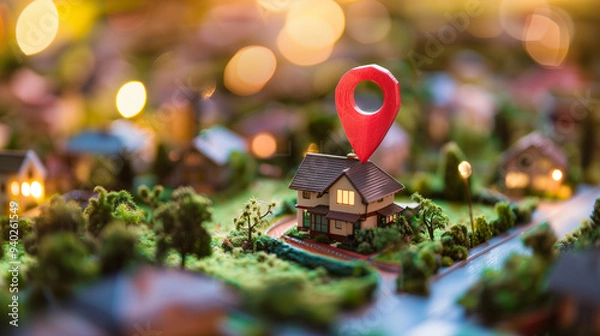 Fototapeta Miniature House with Red Location Pin in a Model Neighborhood