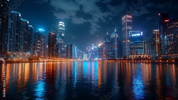 Fototapeta A vibrant cityscape at night with illuminated skyscrapers, their lights reflecting off a calm river below, creating a stunning contrast of bright colors against the dark sky. 8k UHD, suitable 