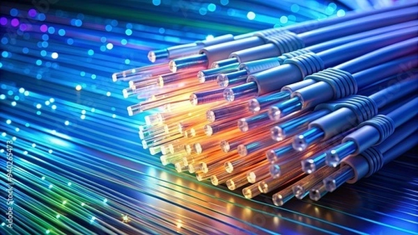 Fototapeta High speed fiber optic internet concept with close up of cables and connectors, technology, data, connectivity