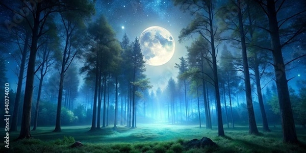 Fototapeta Moonlight shining through trees in a serene forest at night , moonlight, serene, forest, night, trees, nature, peaceful, tranquil