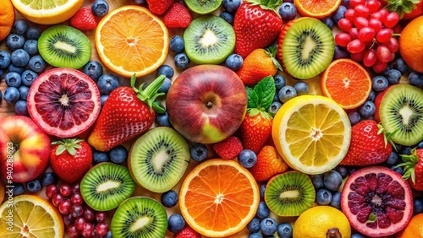 Fototapeta Close-up shots of assorted fruits arranged in vibrant, colorful patterns , fruits, photography, ideas, stock photo