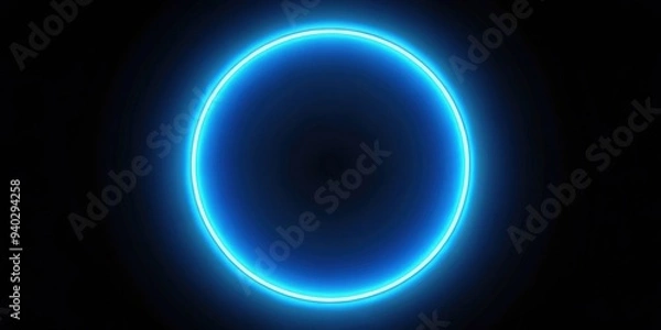Obraz Blue neon circle glowing on black background, neon, circle, blue, glowing, vibrant, electric, abstract, design, light