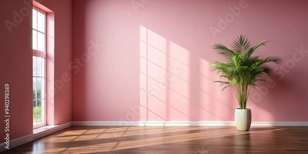 Fototapeta Empty room with shadows of window and flowers, pink wall, vase of flowers, palm tree , empty, room, shadows