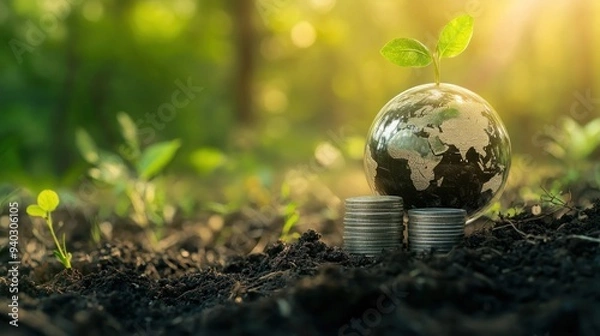 Fototapeta Green business concept, finance and investment for sustainability and carbon credit. Green Globe with icon and stack of silver coins the seedlings are growing on top. ESG, co2 and green tax.