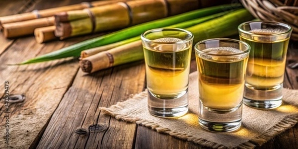 Obraz Two shot glasses of Brazilian gold cachaca with sugar and sugarcane on wooden background, Brazil, cachaca, alcohol, beverage