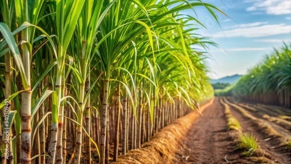 Obraz Close up of sugarcane with plantation in background, sugarcane, plantation, agriculture, crops, farm, close-up, growth, green