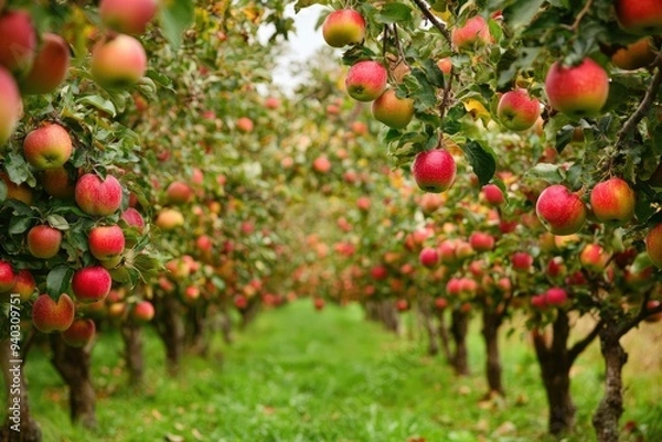 Fototapeta Red Apples Hanging on Branches in an Orchard
