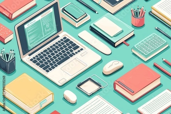 Fototapeta Illustration of educational learning tools set on table created with Generative AI