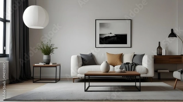 Fototapeta Pouf and side table near white sofa against fireplace and white wall with poster frame. Minimalist interior design of modern living room, home.