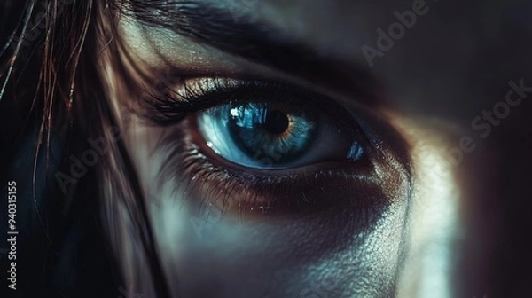 Fototapeta The Intricate Depth of a Single Blue Eye, Close-up, Macro Photography, Eye Detail, Iris, Pupil, Eyelash