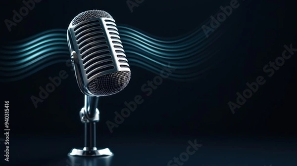 Fototapeta Abstract sound waves emanating from a retro microphone