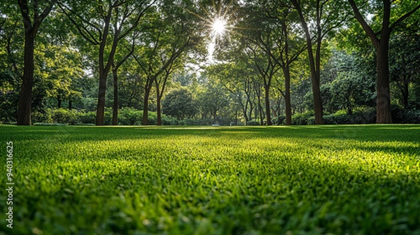 Fototapeta Green lawn and trees background with copyspace. Nature background concept. Generative AI