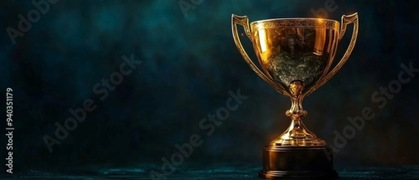 Fototapeta Golden Trophy on Dark Background: Success and Victory Concept Banner