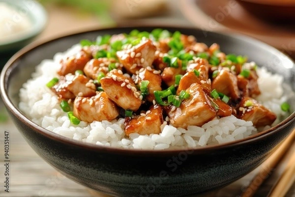 Fototapeta Teriyaki Chicken with Sesame Seeds and Green Onions Served Over Rice