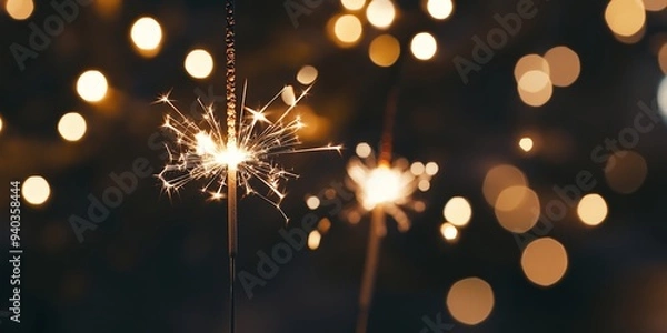 Fototapeta Sylvester New Year, New Year's Eve 2025 party event celebration holiday greeting card - Closeup of sparkling sparklers and bokeh lights in the background，Greeting Cards, and Marketing Campaigns. Joyfu