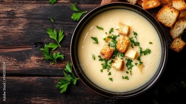 Fototapeta Top view of a bowl of creamy potato soup with croutons and fresh herbs on a dark wooden table