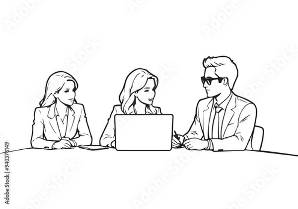 Fototapeta Business Group Meeting Silhouette Line Art Vector Illustration. Abstract Black Sketch Illustration of Businessmen with Laptop for Minimalist Design.
