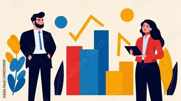 Obraz Professional colleagues analyze market trends with colorful graphics and charts in a modern office setting.