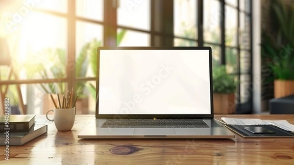 Obraz Modern laptop computer with blank white screen displayed on a sleek office desk table, ideal for business presentations, website design mockups, digital marketing concepts, and professional workspace 