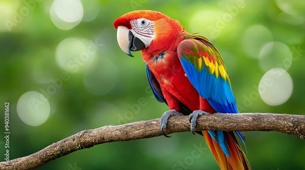 Fototapeta A scarlet macaw perches on a branch, its vibrant red, blue, and yellow feathers contrasting against the lush green foliage.