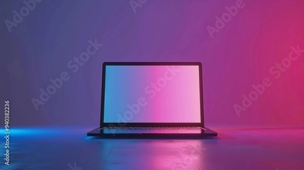 Fototapeta Modern laptop with vibrant gradient pink and blue holographic lights in a minimal office surrealism concept, ideal for futuristic technology, creative workspaces, and digital innovation backgrounds