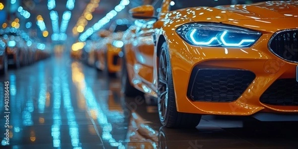 Fototapeta Luxurious New Car Unveiling: Elegant Showroom Display with Soft Bokeh Lighting at Prestigious Auto Exhibition. Captivating Automotive Marketing Scene for Product Launch, Consumer Engagement, and Sales