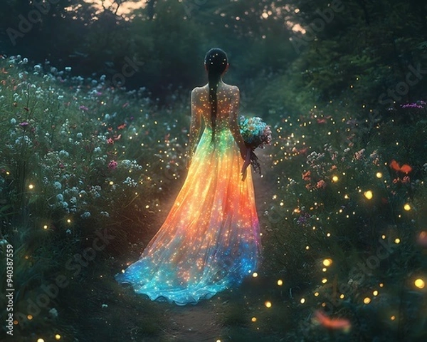 Fototapeta A surreal image of a Korean woman with a transparent, rainbow-lit dress, holding a bouquet as she strolls down a path lined with swaying flowers at dusk. Fireflies dance around her, creating