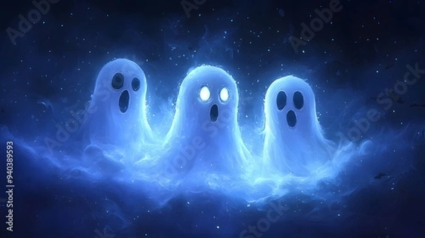 Obraz Three playful cartoon ghosts glowing in a mystical blue atmosphere.
