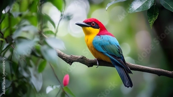 Obraz Beautiful exotic colorful bird in the forest with blur background