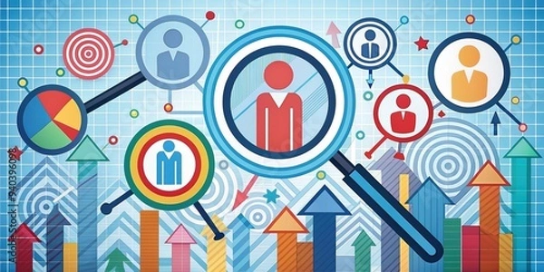 Fototapeta Colorful digital graphic illustrating the recruitment process, featuring icons of magnifying glasses, targets, and upward arrows surrounded by creative geometric shapes and patterns.