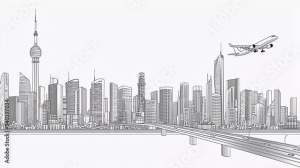 Fototapeta Black outlines Infrastructure illustration. Large highway in city. Modern town at white background, tower and skyscrapers, business building. Planes are flying. Vector design art which is very beautif
