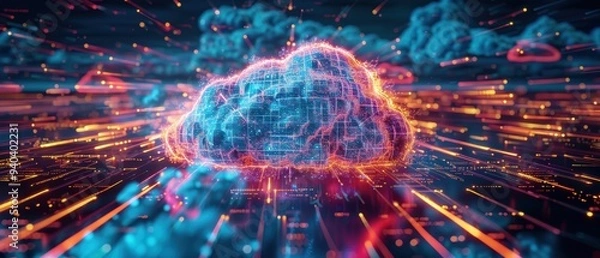 Fototapeta Digital Cloud Storage Concept:  Hologram Displaying Interactive Data Transfer in Vibrant Colors