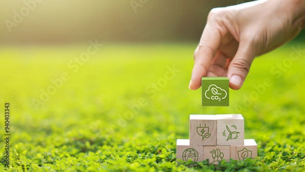 Fototapeta Wooden block for co2, ESG and net zero. Carbon reduction strategy and action to limit climate change and global warming. world environment day, world earth day. green business