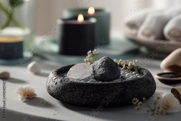 Fototapeta A Spa Stone Beauty Treatment with Essential Oils and sea salts. generative ai.