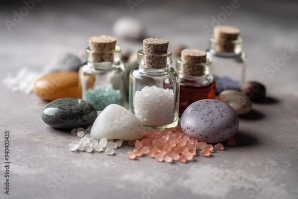 Fototapeta A Spa Stone Beauty Treatment with Essential Oils and sea salts. generative ai.
