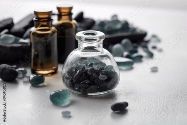 Fototapeta A Spa Stone Beauty Treatment with Essential Oils and sea salts. generative ai.