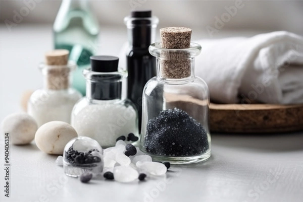 Fototapeta A Spa Stone Beauty Treatment with Essential Oils and sea salts. generative ai.