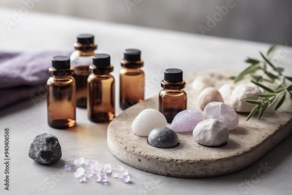 Fototapeta A Spa Stone Beauty Treatment with Essential Oils and sea salts. generative ai.