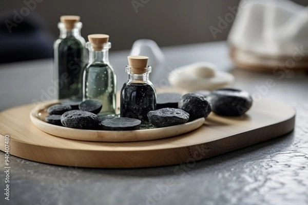 Fototapeta A Spa Stone Beauty Treatment with Essential Oils and sea salts. generative ai.