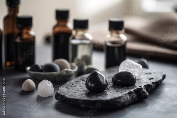 Fototapeta A Spa Stone Beauty Treatment with Essential Oils and sea salts. generative ai.