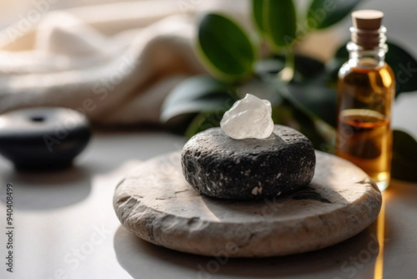Fototapeta A Spa Stone Beauty Treatment with Essential Oils and sea salts. generative ai.