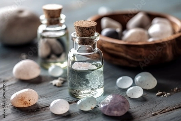 Fototapeta A Spa Stone Beauty Treatment with Essential Oils and sea salts. generative ai.