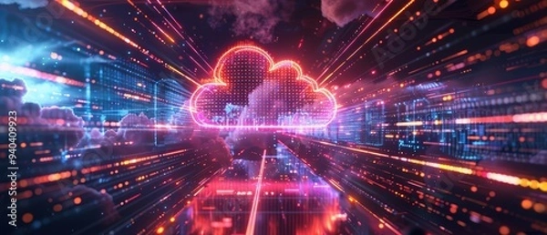 Obraz Futuristic Cloud Network Hologram Displaying Synchronized Data Visualization.