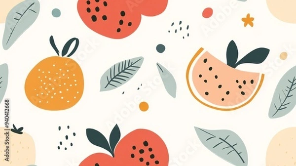 Obraz Fruity Fun Seamless Pattern: A vibrant and playful seamless pattern featuring cheerful stylized fruits, leaves, and dots in a cheerful color palette. 